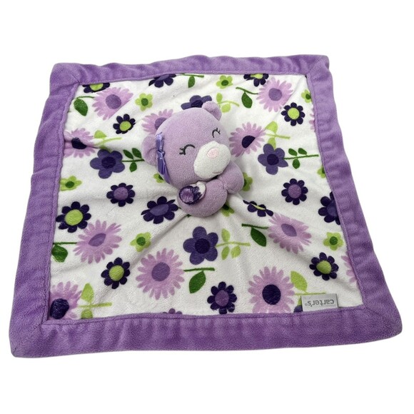 Carters Purple Bear Floral Security Blanket Baby Lovey 13x13 Inches Blankie - Picture 8 of 15